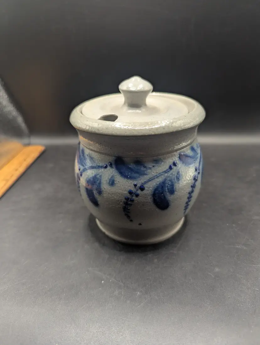 Vintage 1993 Eldreth Pottery Condiment Jar With Berry Design As Is Small Chip On