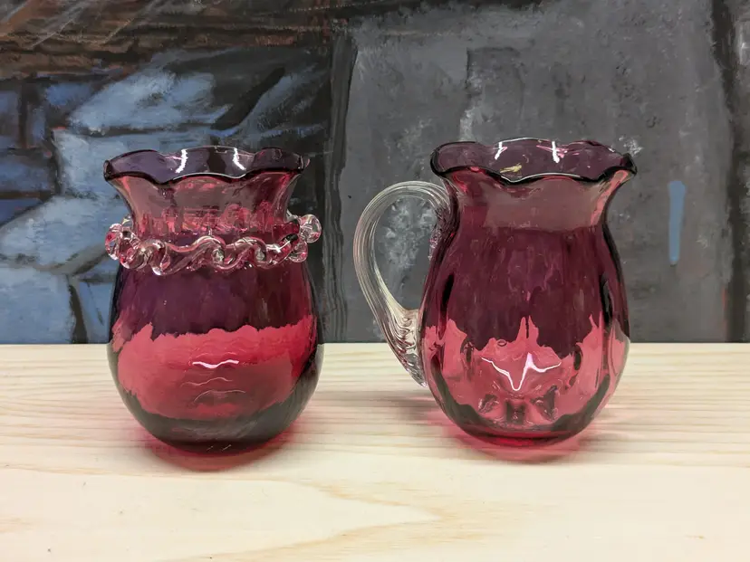 Vintage Hand blown Glass Pilgrim Cranberry Sugar Creamer Set Fluted Edge signed Clear Handle Trim  gift