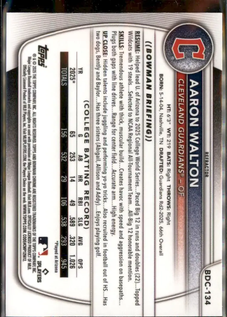2025 Bowman Draft #BDC-134 Aaron Walton Chrome Refractor - (138) - Cleveland Guardians