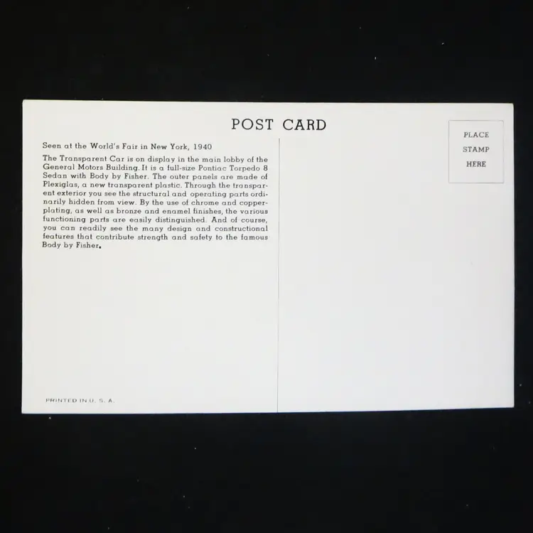 Vintage Postcard 1940 Worlds Fair Transparent Car General Motors