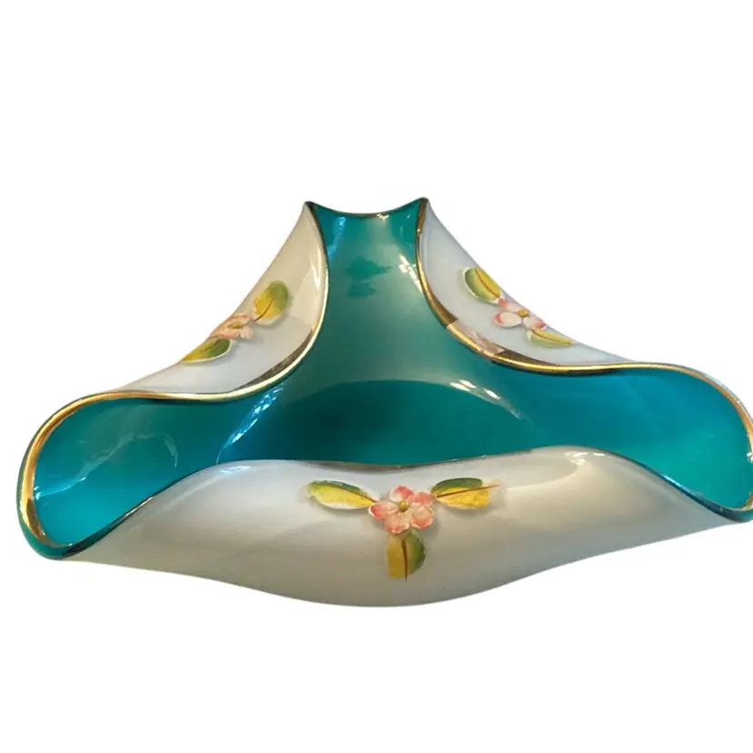 Czech Art Glass Aqua Teal Blue Ruffle Folded Edge Bowl