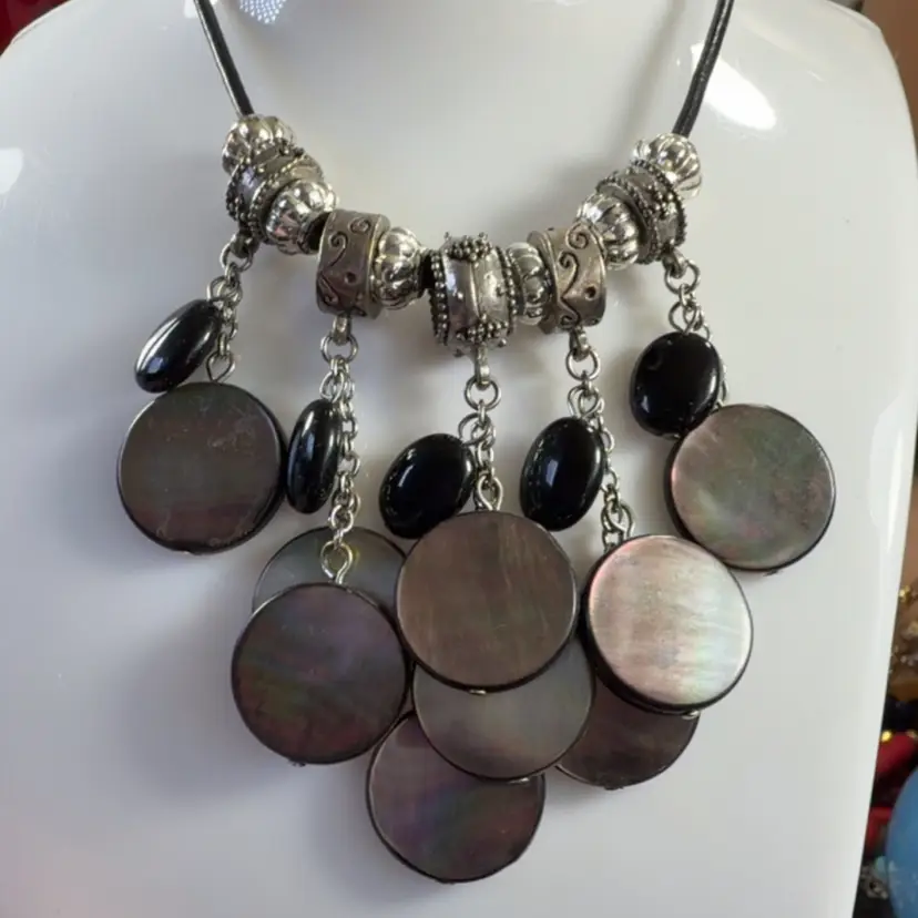 Chicos Black & Silver Tone Necklace with Shell Looking Beads