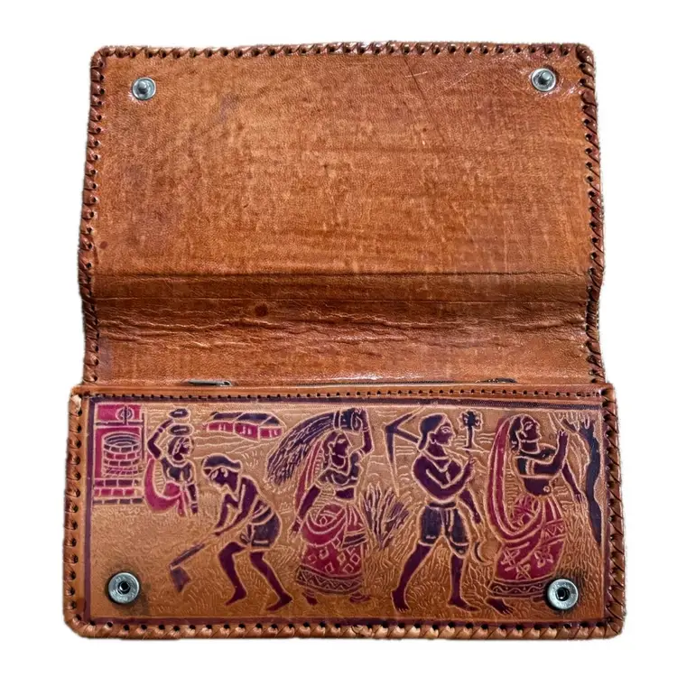 Vintage Indian Shantiniketan Hand Tooled Leather Wallet Clutch Tribal Folk Art