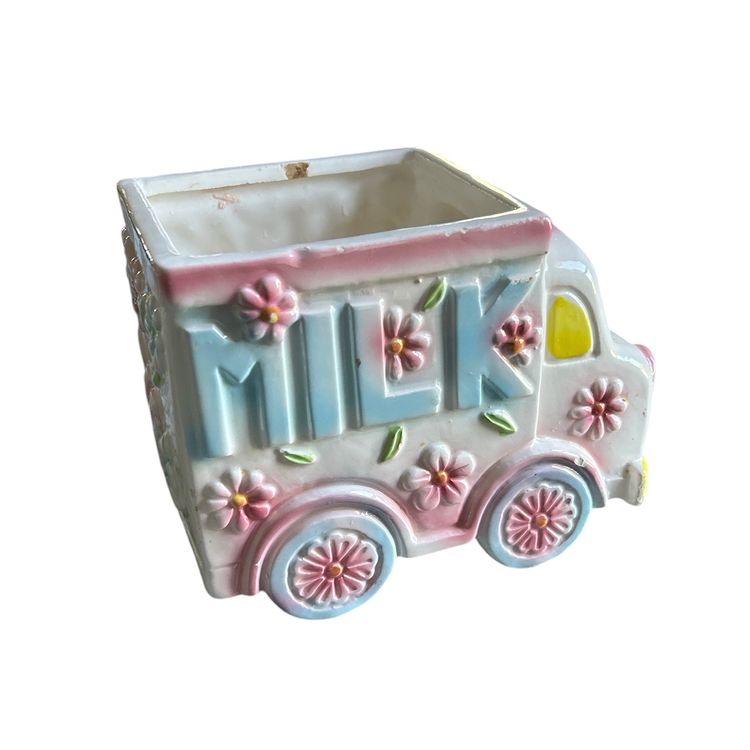 Vintage Pink and Blue Milk Truck Ceramic Planter