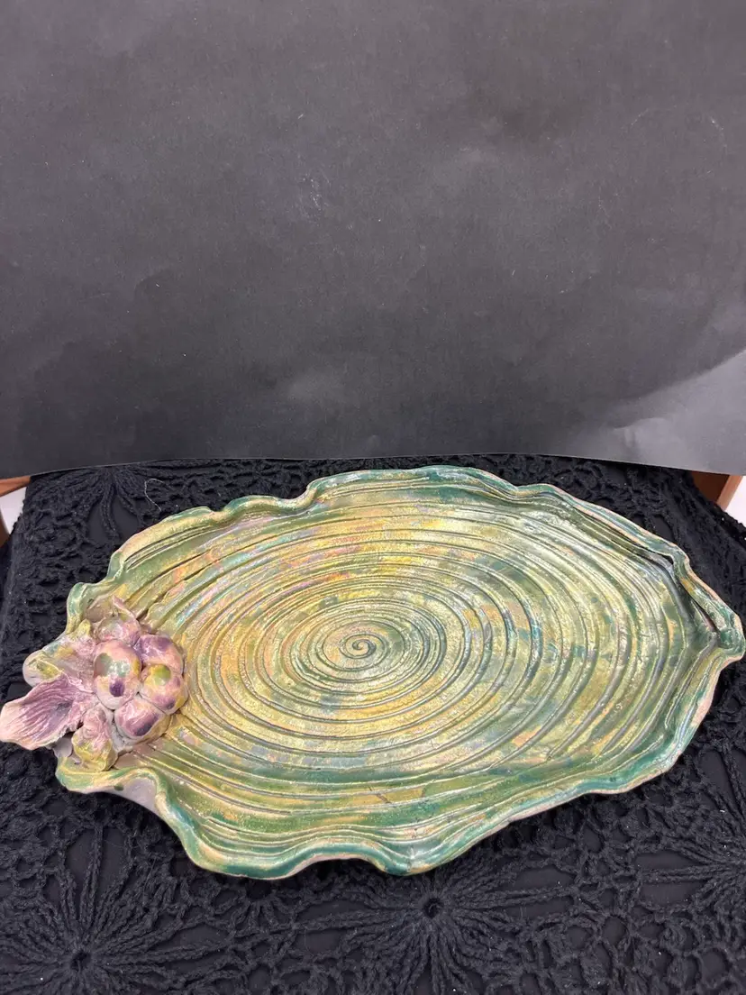 #01 Esther Snow Pottery. Stunning Tray w/ 3D Grapes and Leaves. Wavy Edge. Lot 23