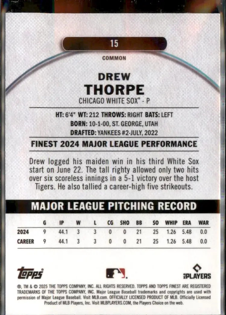 2025 Finest #15 Drew Thorpe Checkerboard - (138) - Chicago White Sox