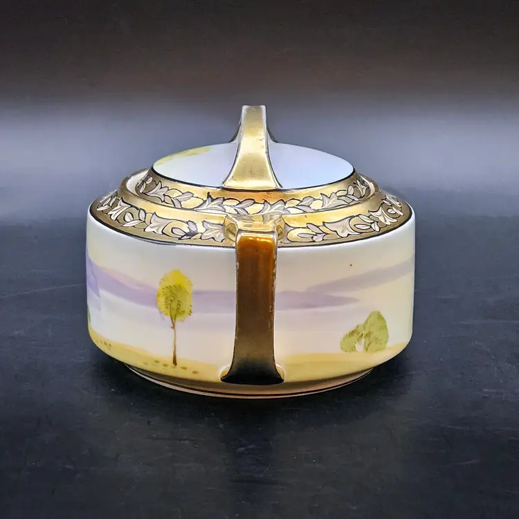 Nippon Hand-Painted Porcelain Sugar Bowl Scenic Landscape Gold Gilding Antique