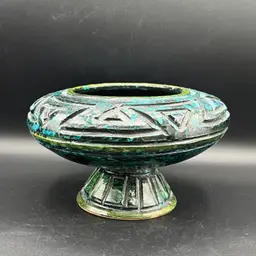 VTG Italian MCM Green Blue Yellow Footed Ceramic Pedestal Vase Pottery Dish Bowl Italy