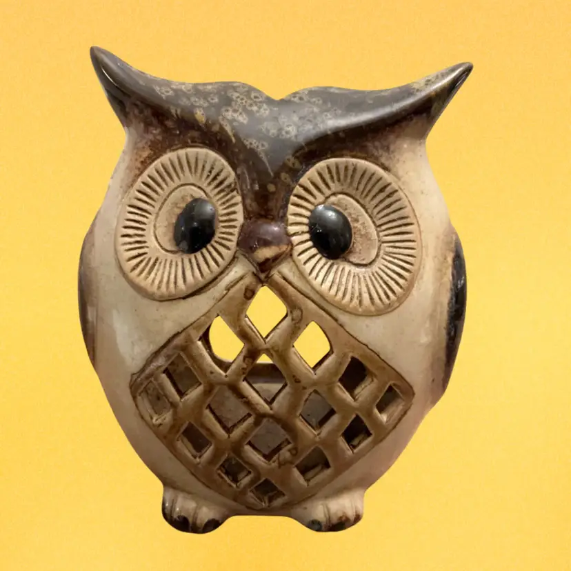 Cross-eyed Ceramic Owl Tea Light/Votive Candle Holder 5.5” x 5.5”