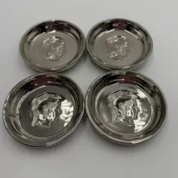 Vintage MCM Silver Finish Mercury Glass Spartan Roman Trojan Head Coasters Set Of Four
