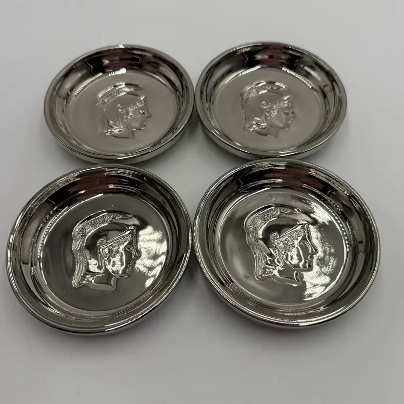 Vintage MCM Silver Finish Mercury Glass Spartan Roman Trojan Head Coasters Set Of Four