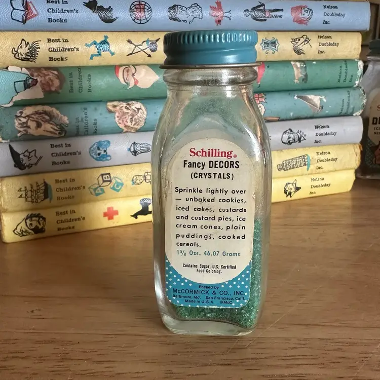 Vintage Schilling Girl Fancy Decor McCormick Green Sugar Bottle Spice Jar