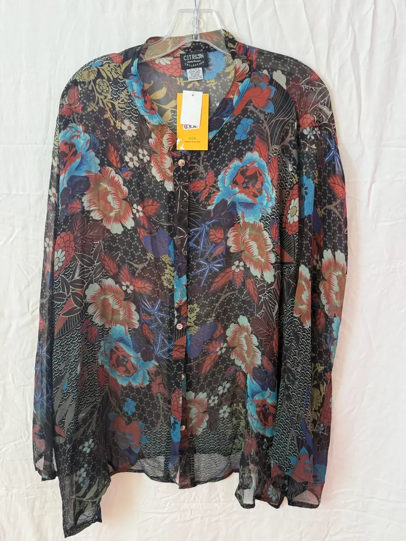 Citron Sheer Black Floral 100% Rayon Button Front Blouse Top
