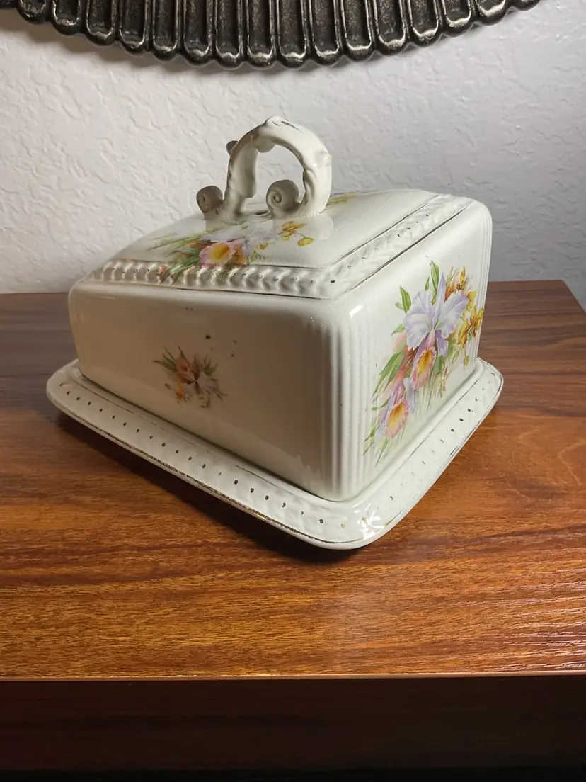 Rare Antique Ceramic Floral Cheese Covered Dish - Call Outs