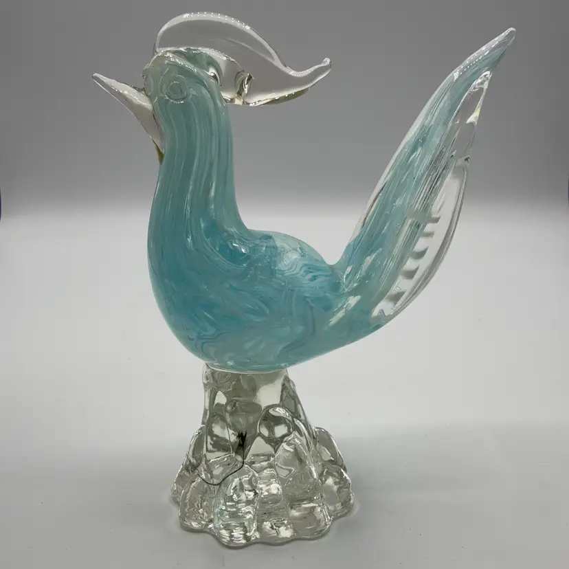 Murano Art Glass Bird Blue With White Lattimo Garza Scramble Body.
