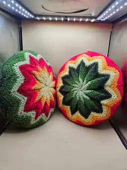 2 14" Crocheted Multi-colored Round Zig Zag Pillows