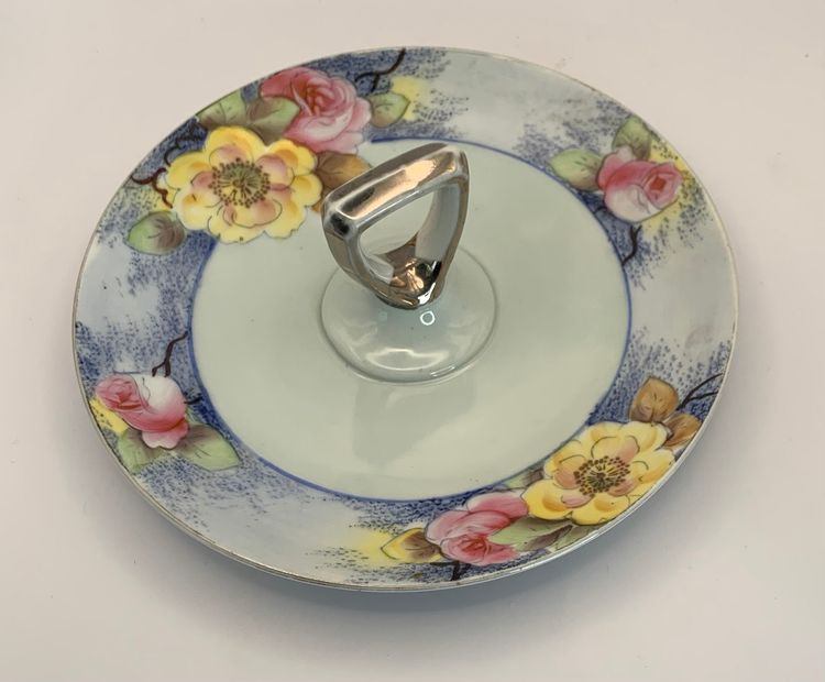 VTG Noritake Morimura Porcelain Tid Bit Bon Bon 1930s Serving Plate With Center Handle. Hand Painted Floral