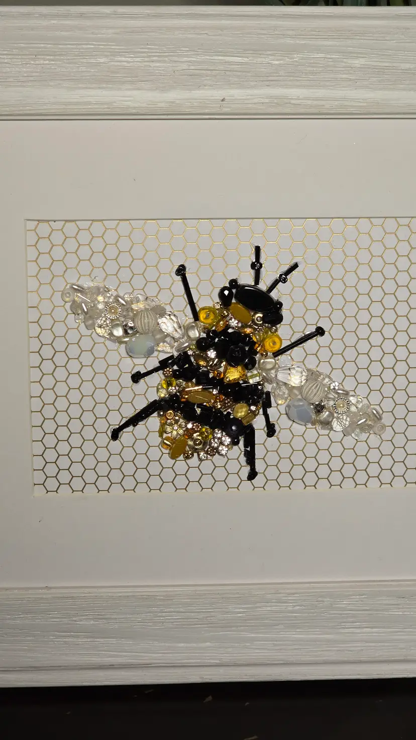 Handmade Beaded Bee Art on Honeycomb Background – One of a Kind