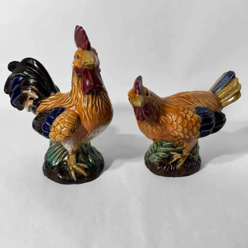 Vintage Ceramic Rooster Hen Farmhouse Country Decor Figurines Colorful R-7.5" & H-5.5" Tall