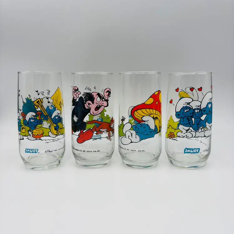 Vintage Wallace Berrie & Co Smurf Juice Glass Smurf Smurfette Lazy Gargamel 4pc