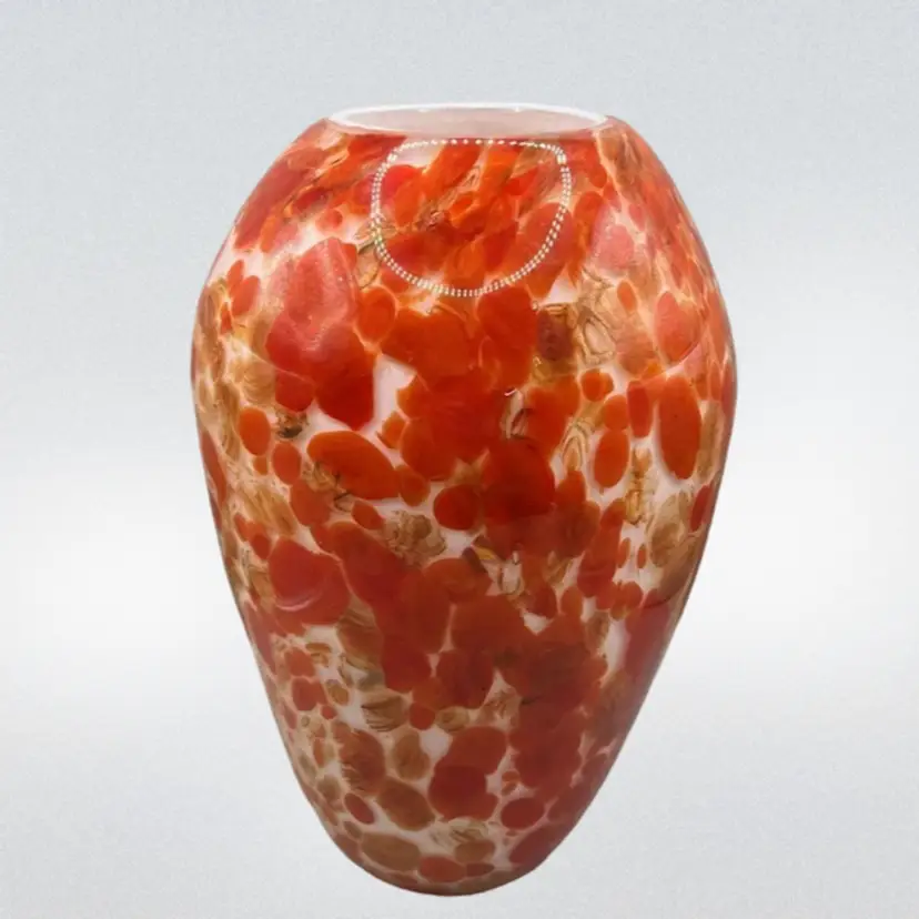 Cased Art Glass Vase Red Confetti Splatter Painted Abstract Heavy Glass 9”