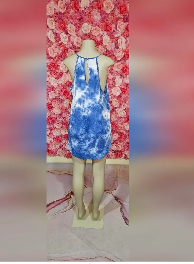 Blue Tie-Dye Sleeveless Top with Crochet Lace