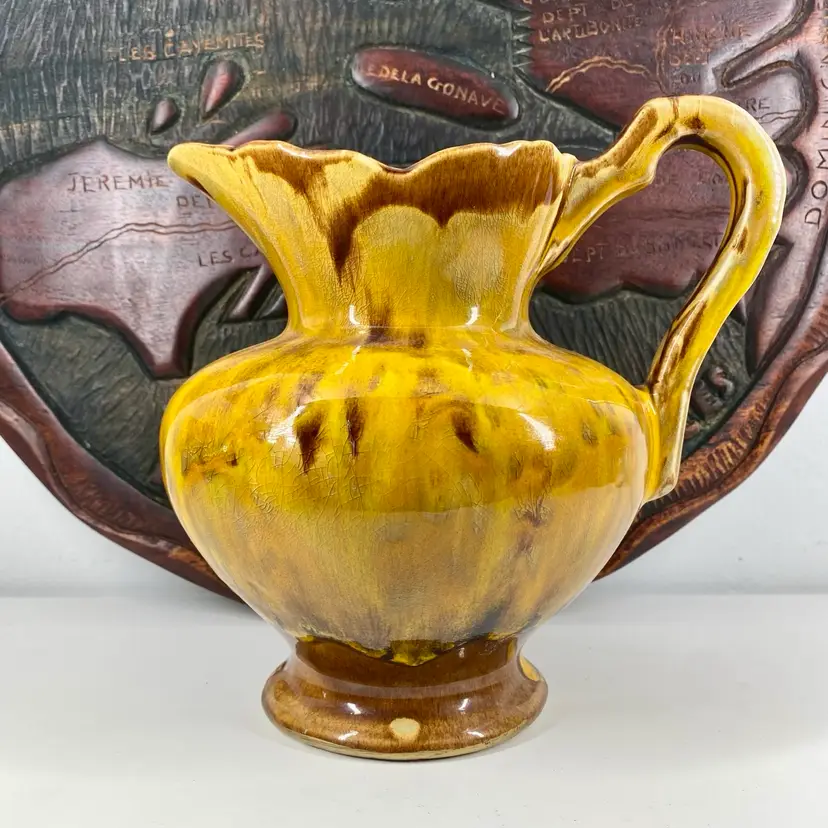 CAL-STYLE Ceramic PITCHER 1107 Mustard Yellow Drip Glaze STUDIO POTTERY Boho VTG