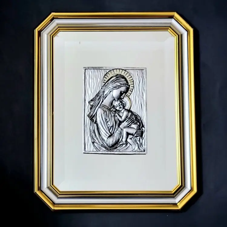 925K Sterling MCM Virgin Mary w Child Wall Mirror Religious Italy 16 X 14 HTF