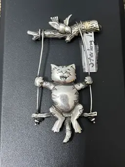 Vintage Sterling Silver Cat On Swing Brooch Pendant 17.58g