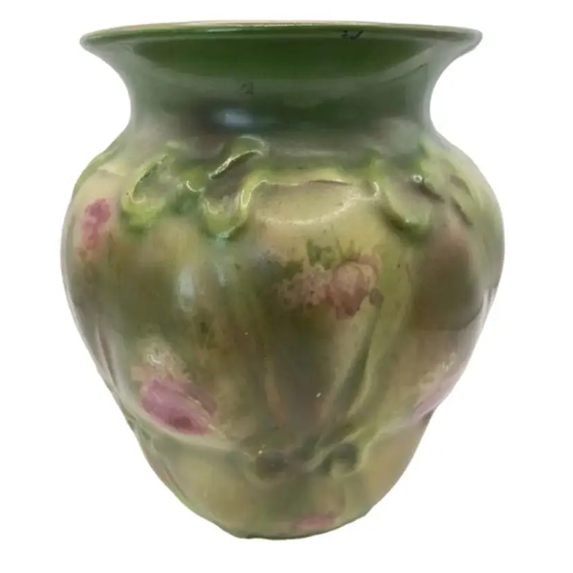 Vintage Green Porcelain Vase Pink Roses With Gold Trim 5” tall