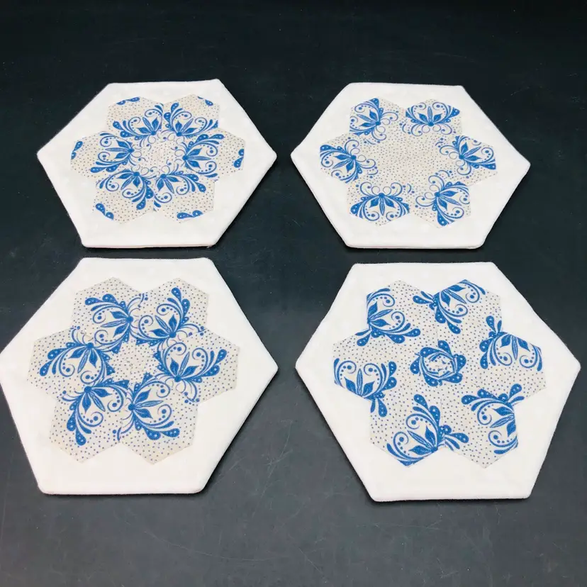 Set Of 4 Handmade Hand Pieced Blue and White Kaleidoscope Hexagon Coasters 5.25 X 4.5 Inch.