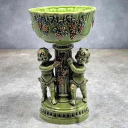 Renaissance Green Double Cherub Pedestal Bowl Compote Vintage Japan Lefton