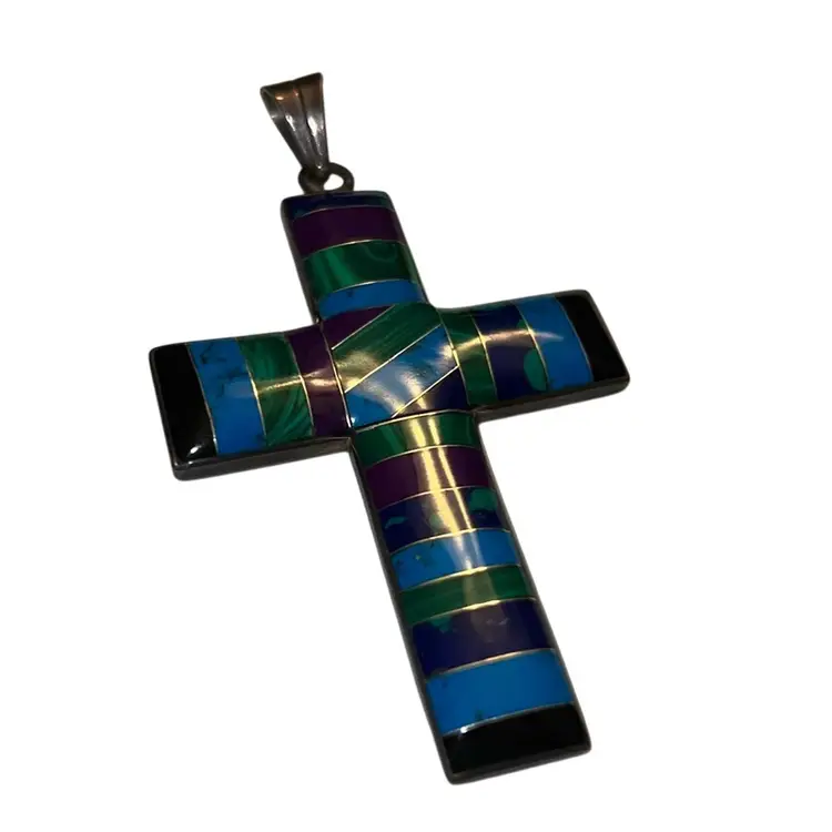 Vintage CII Mexico Signed Sterling Inlaid Cross Pendant 2.75” 16.4 Grams