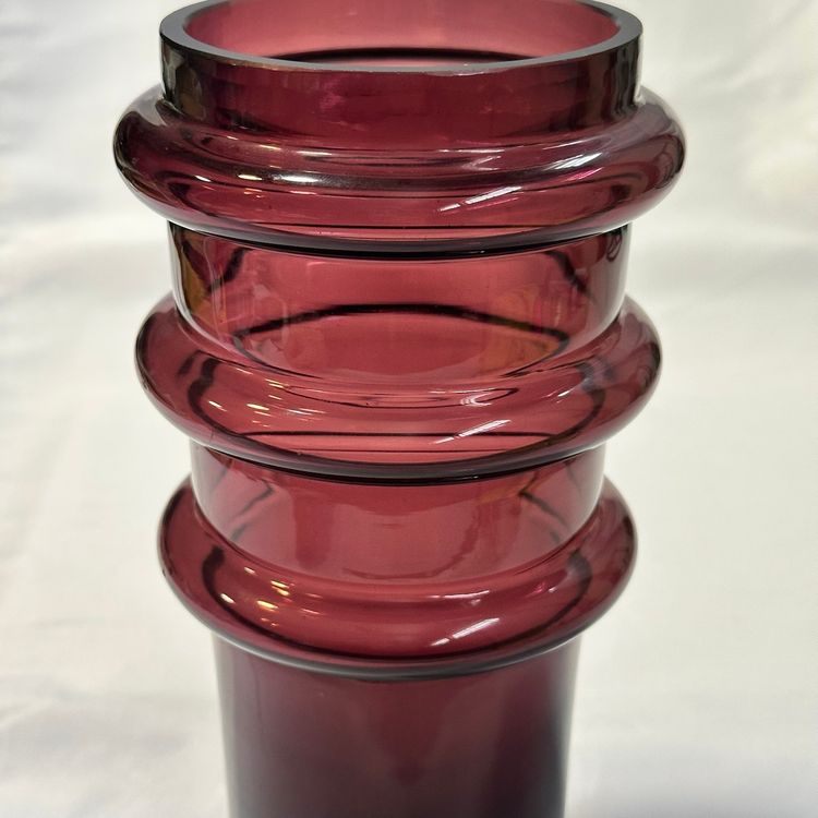 #817 MCM Art Glass Amethyst Glass Vase, Distinctive Three Rings 1970’s, 9.25”,
