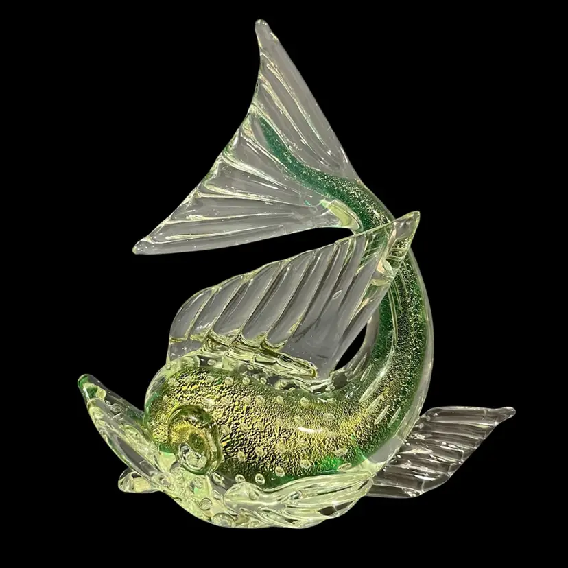 Murano Art Glass Dolphin Fish, Murano Green Summerso Gold Aventurine Fish, Hand Blown Murano Glass Fish Sculpture