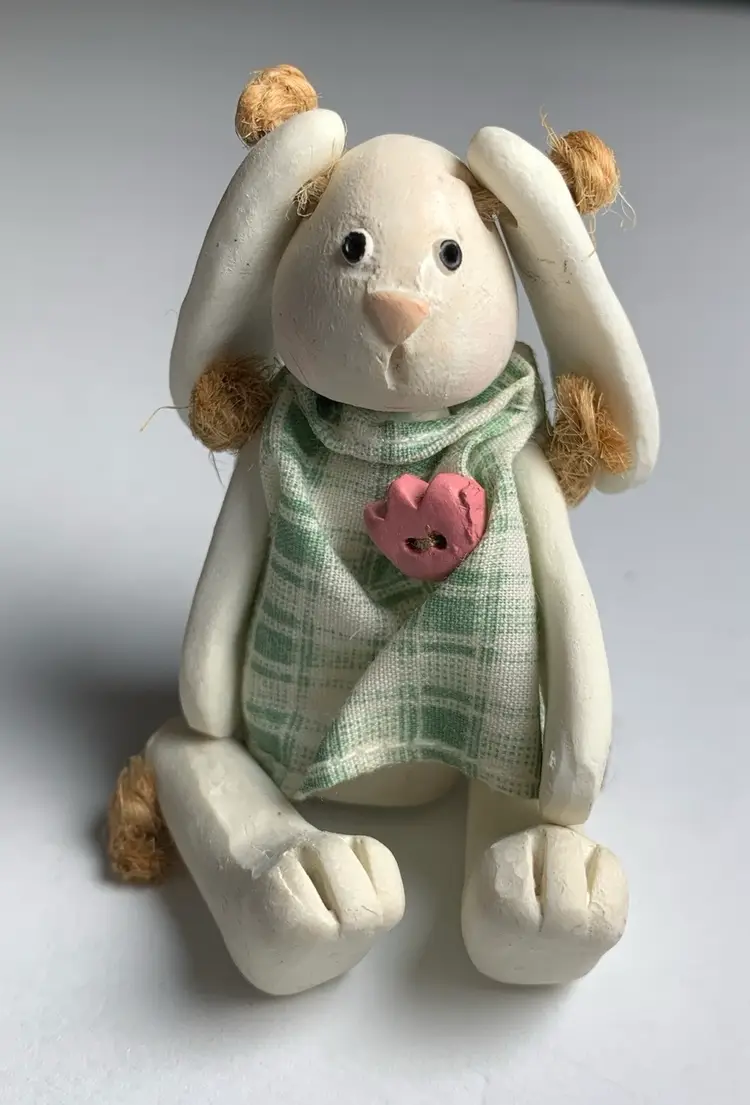 Russ Ceramic Articulated Bunny in Green Plaid Dress Item #14029