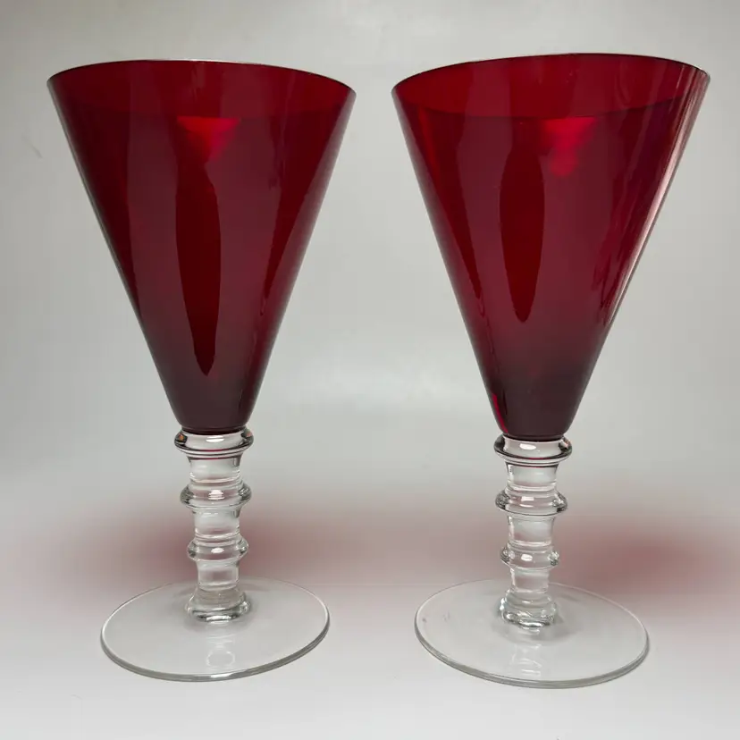 2 William Yeoward Scarlett Red Crystal Wine Water Goblets Knobbed Stem England
