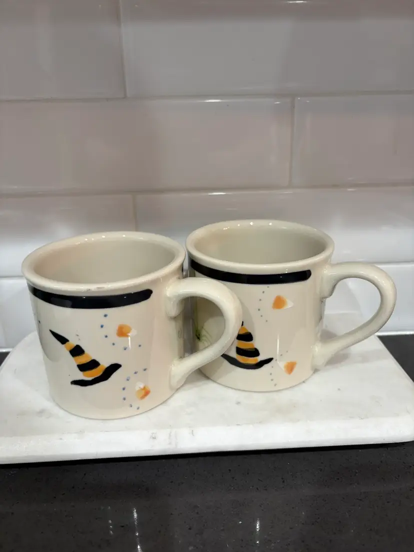 Hartstone USA Pottery Stoneware Mug Halloween Hat Spider Candy Corn Set Of 2