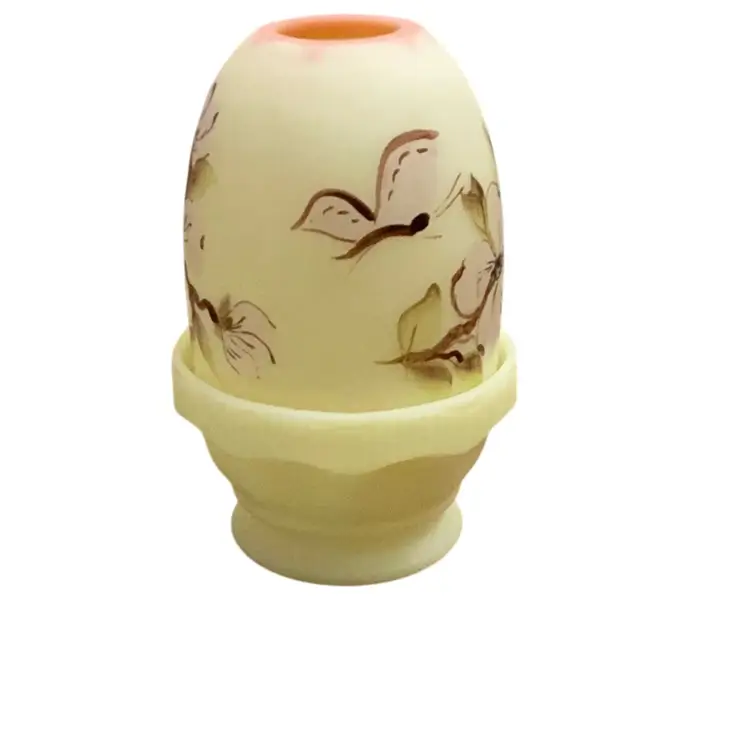 Fenton 1970’s 2-piece Dogwood On Burmese Fairy Light HP By Evelyn Thomas 4 1/2” X 3” Glows