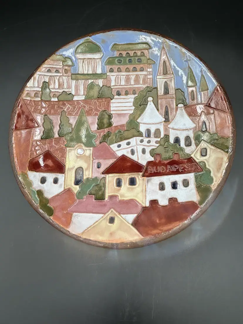 Hungarian Glazed Studio Pottery Artist Signed Decorative Dish Plate Budapest City Scape