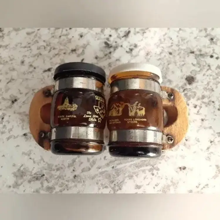 Vintage Salt + Pepper Texas Amber Glass Barrell Shakers with Wood Handles