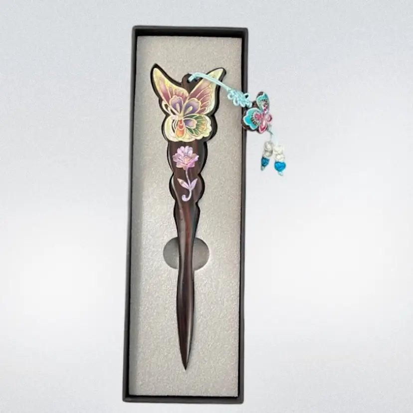 #01 Letter Opener Crafted From Wood With A Butterfly & Flower Inlay Of Mother Of Pearl. Tassel Is Korean Knots And Macrame
