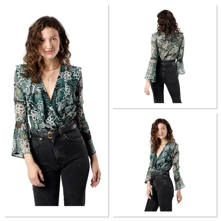 BOG BAND OF THE FREE BONNIE BLACK EMERALD FLORAL LONG SLEEVE BODYSUIT LARGE NEW
