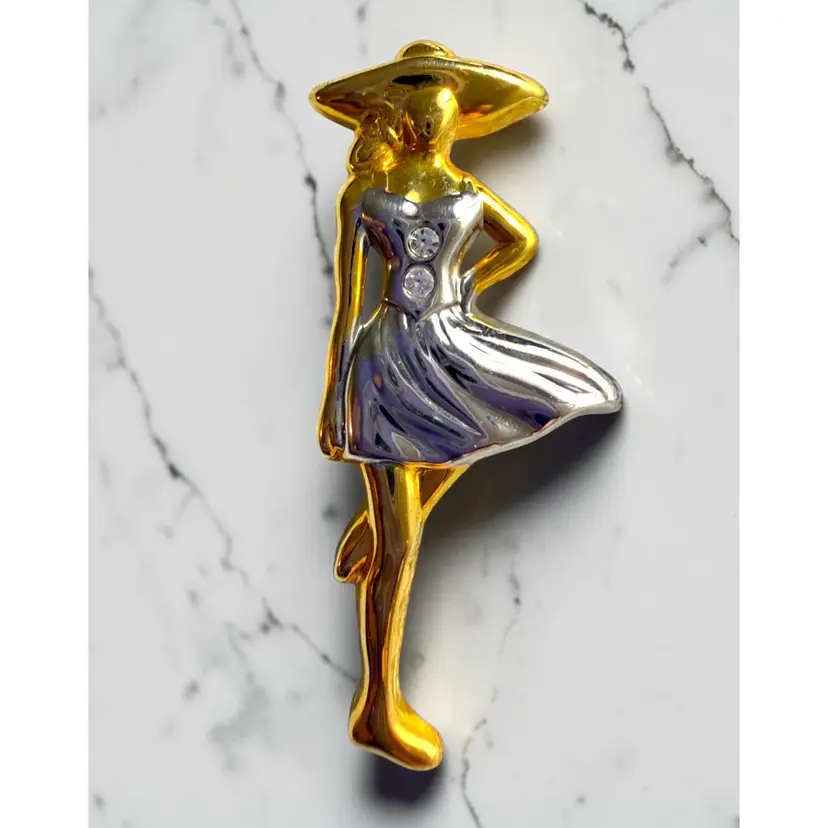 80s Gold & Silver Tone Lady Brooch - 1.75” x 3/4”