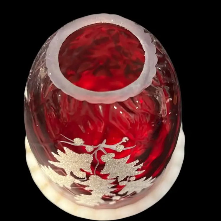 Christmas, Vintage Fenton Fairy Lamp 2 Pc, Stamped Signed ruby red  And White Frit holly and berry decoration.