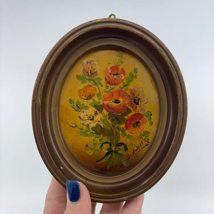 Pair Of Frank Linnell Signed Vintage Mini Floral Oil Paintings 5.5”