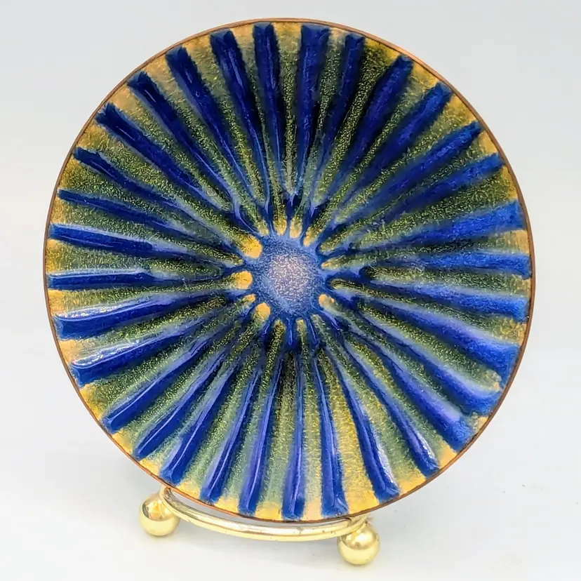 Vtg Seagrove NC Hilly Blue And Yellow Copper Enamel Plate Mid Century Modern MCM