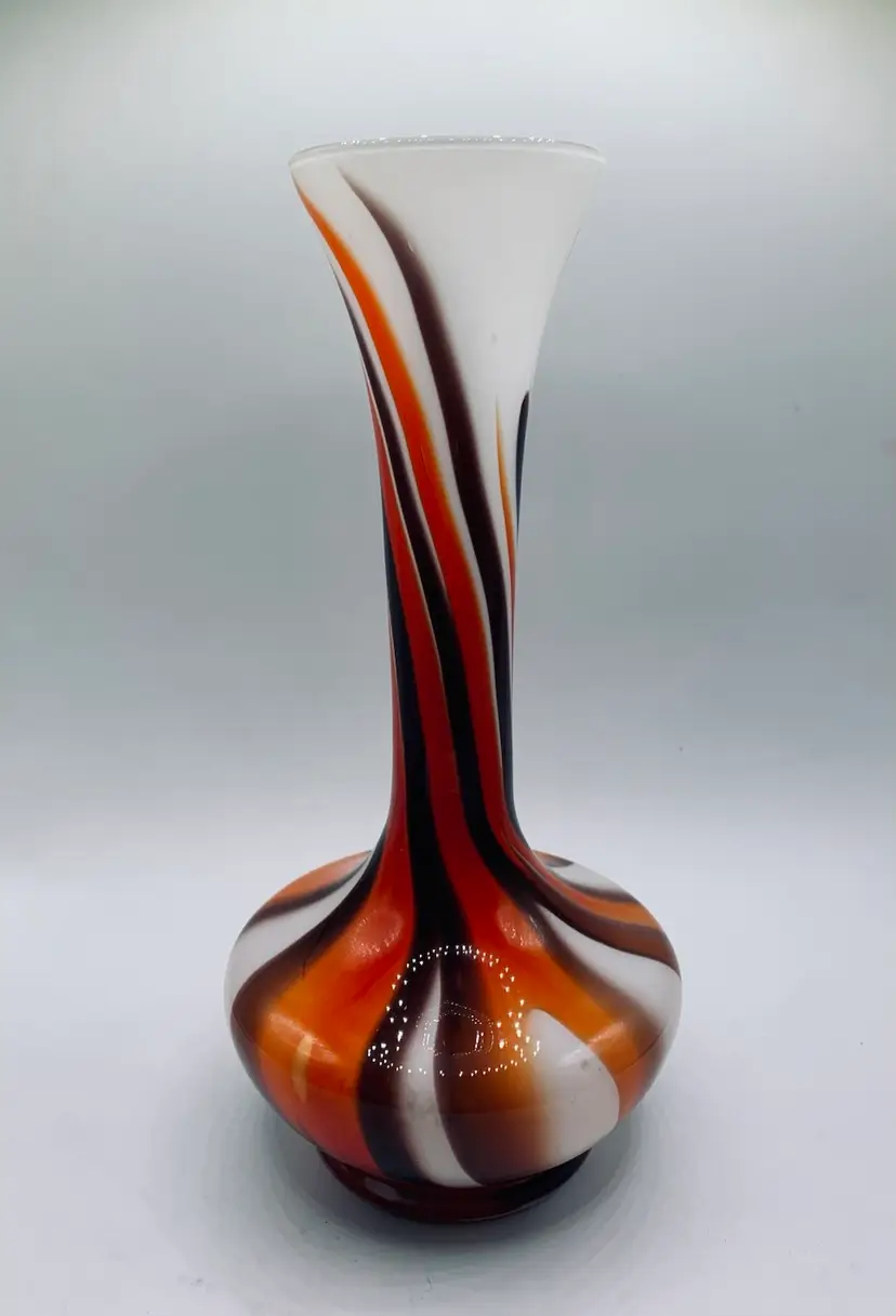 Carlo Moretti Italian Murano Swirl Opaline Vase orange, black, white 10” Vintage