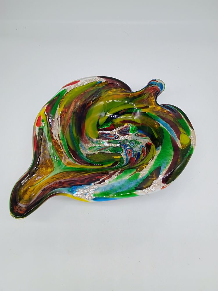 Vintage Fratelli Torso attributed Murano Multicolored Swirl Also Called Tutti Fruiti  Art Glass Leaf Shaped Candy Dish / Ashtray