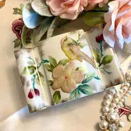 Vintage Rectangular Floral & Bird Design Porcelain Trinket Jewelry Box